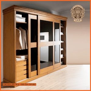 Lemari Pakaian Minimalis 3 Pintu Geser Full Jati Natural