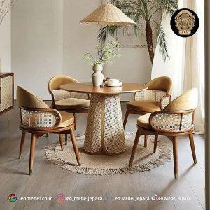 Meja Makan Bundar Minimalis Rotan Modern Jati