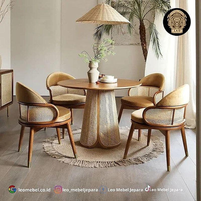 Meja Makan Bundar Minimalis Rotan Modern Jati