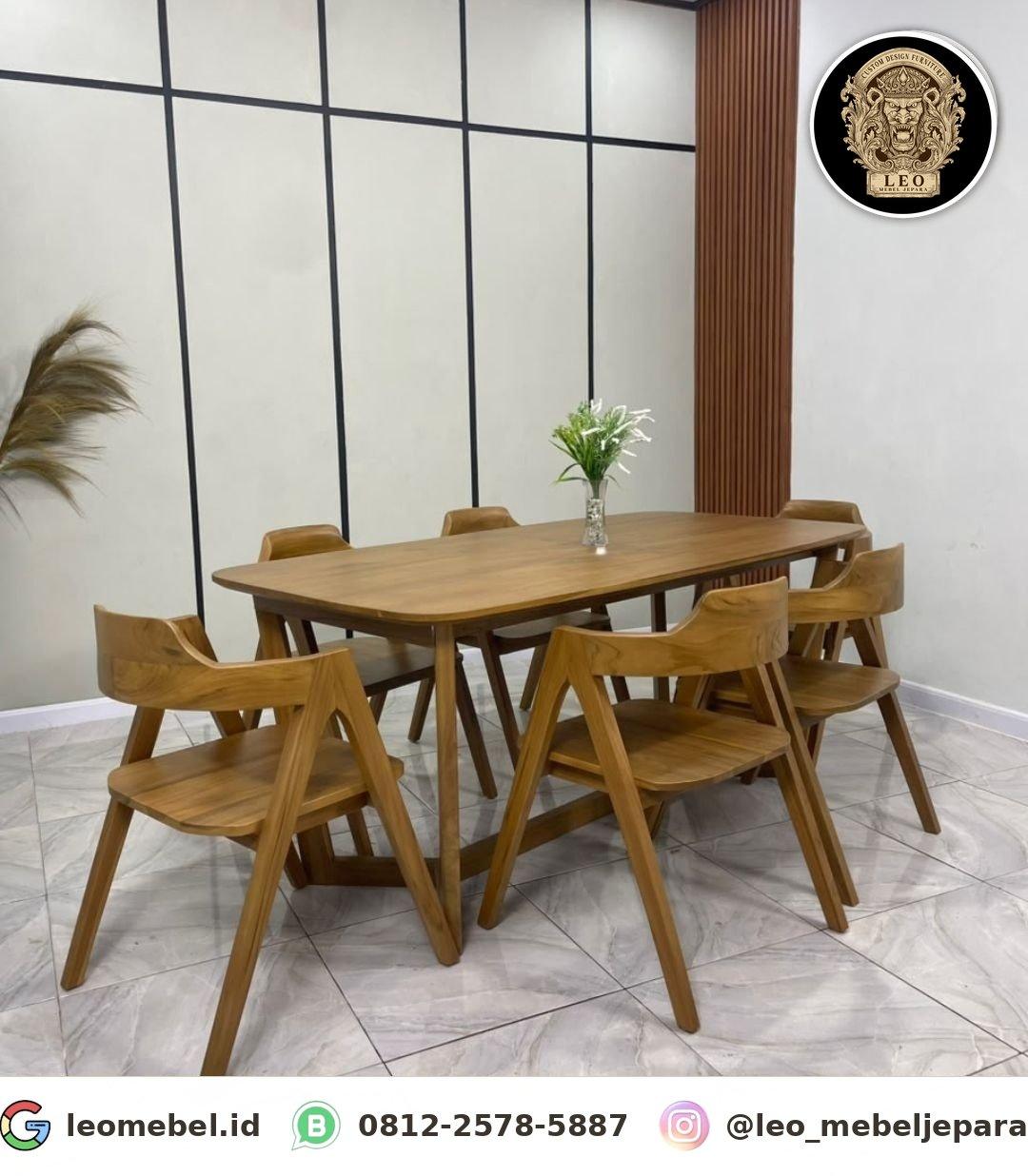 Set Meja Makan Minimalis 6 Kursi Kaki Silang