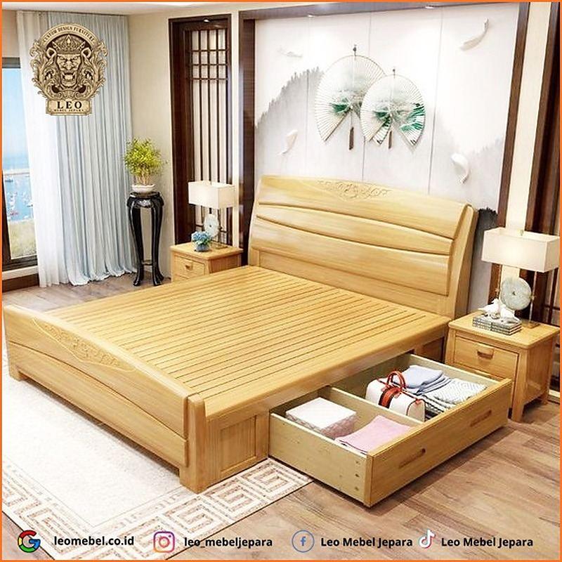 Tempat Tidur Minimalis Kayu Jati Elegan 2 Laci Kanan Kiri