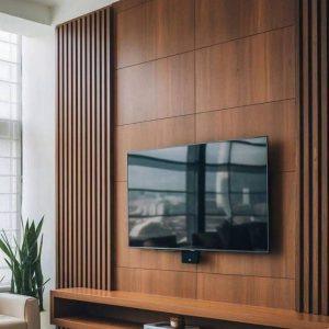 Backdrop TV Panel Kayu Walnut Full Wall + Slat Vertikal + Floating Console Leo Mebel Jepara