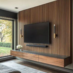 Backdrop TV Wood Slat Walnut + Lampu Sconce Brass + Floating Console Leo Mebel Jepara