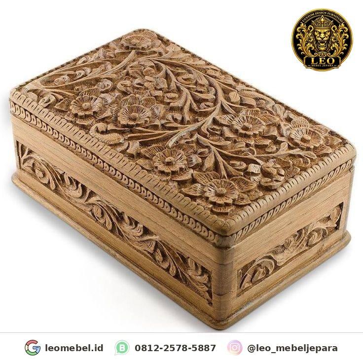 Kotak perhiasan ukir kayu natural tutup datar motif bunga