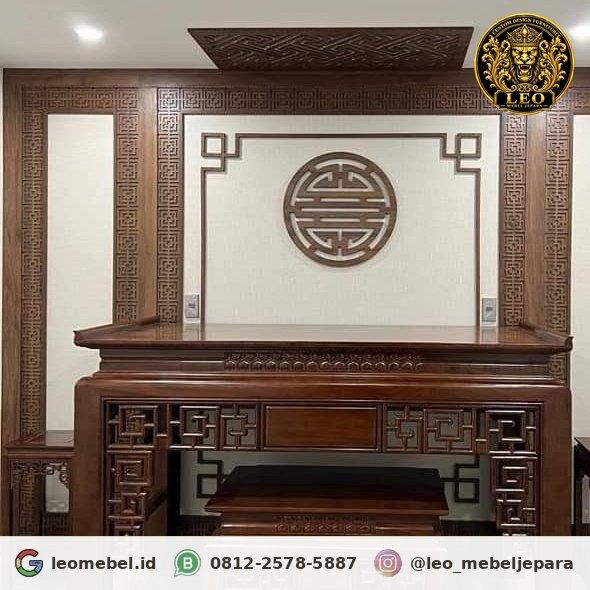 Set meja konsul altar Tionghoa kayu jati motif Greek key fretwork